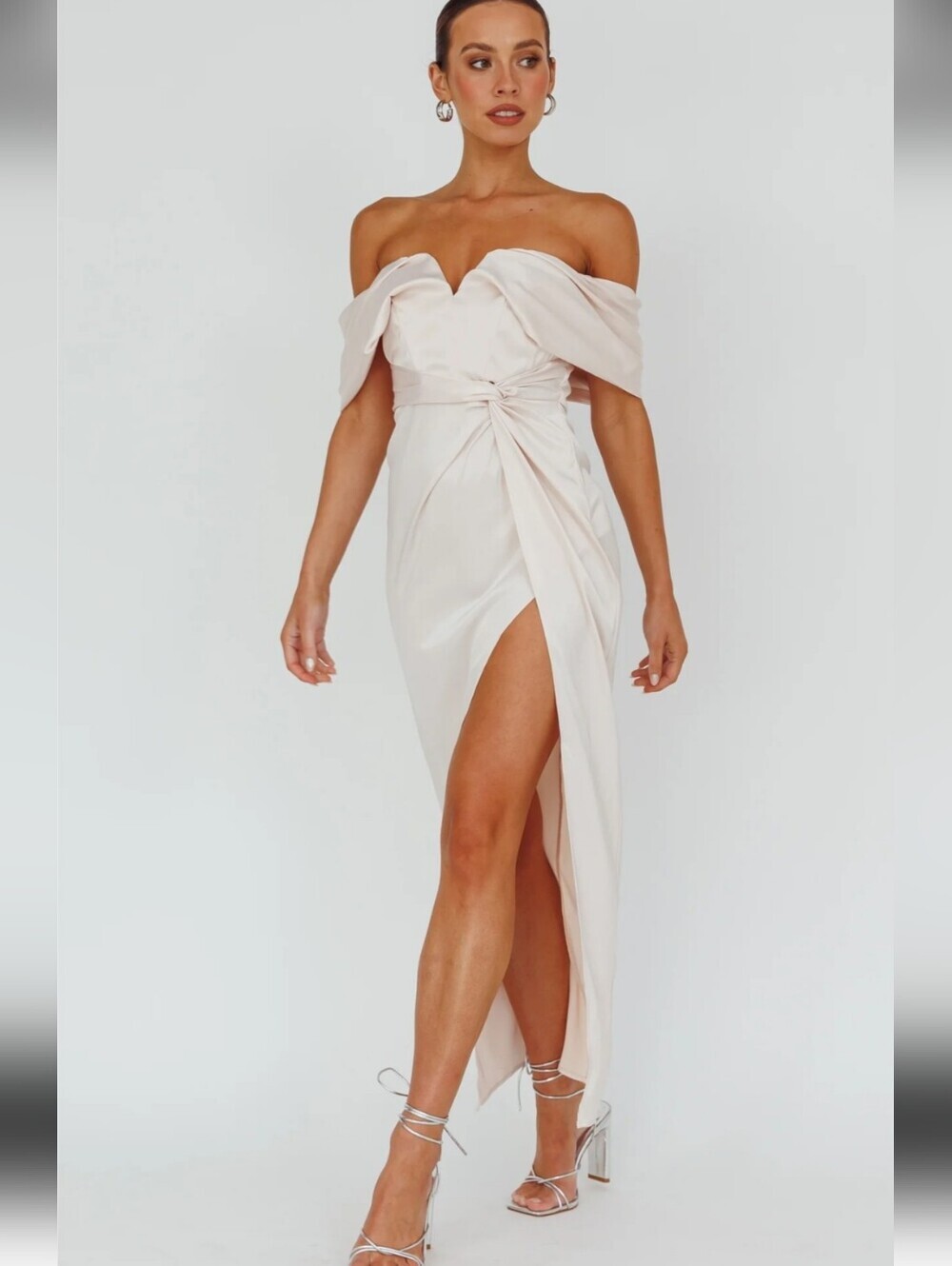 Billy J Pearl Satin Maxi Dress Off Shoulder Twist Waist Gown. Size 6
